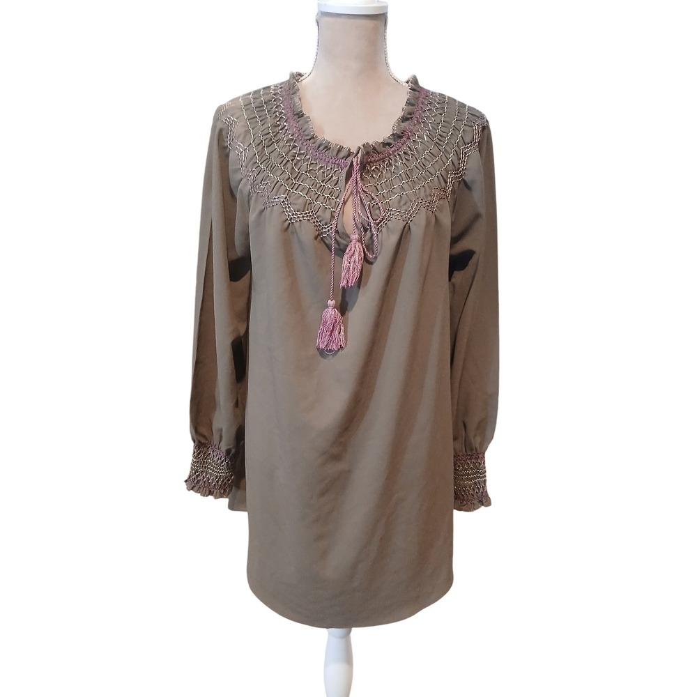 Lands End XL Women Green Pink Smocked Embroidered Peasant Blouse Tassel Tie Top